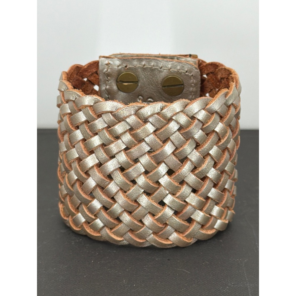 Lucky Brand Metallic Silver Woven Leather Wide Cuff Bracelet Brass Stud Closure